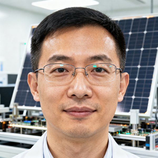 创始人兼CEO张明远博士的正面商务肖像，戴着细框眼镜，背景为实验室光伏组件测试台